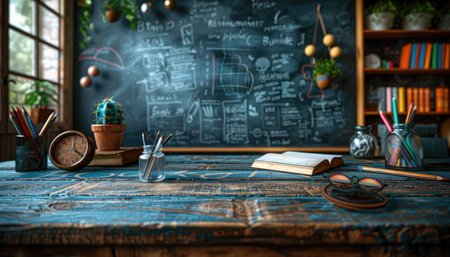 A wooden desk with writing supplies, a clock, and a book, with a chalkboard in the background.の素材