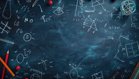 Chalk rubbed out on a blackboard background with math formulas and pencilsの素材
