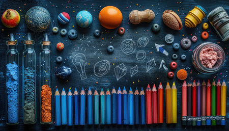 Back to school concept with colorful pencils and chalk on blackboardの素材