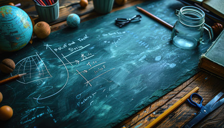 Back to school concept. Chalkboard with school supplies on the table.の素材