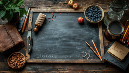 Back to school concept. Chalkboard with school supplies and coffee cup on wooden backgroundの素材