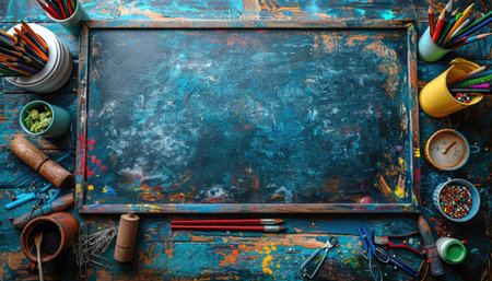 School supplies on a blue wooden background. Back to school concept.の素材