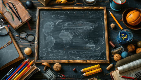 Back to school concept. School supplies on blackboard, top viewの素材