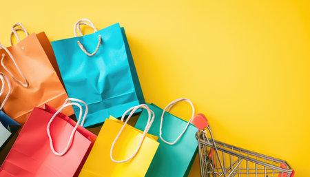 An arrangement of colorful shopping bags with a shopping cart on a bright yellow background.の素材