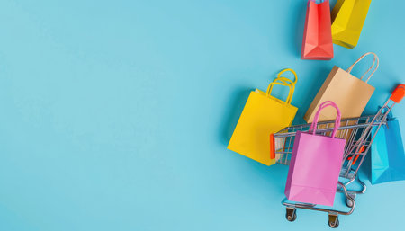 A shopping cart filled with colorful shopping bags on a blue background.の素材