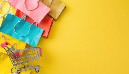 A flat lay image featuring colorful shopping bags and a miniature cart on a yellow background, leaving space for text or product display.の素材