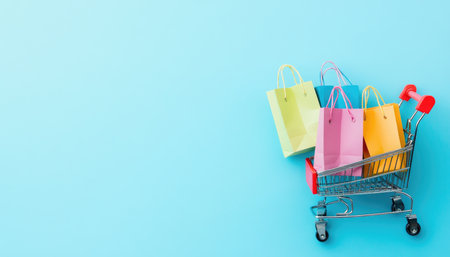 A miniature shopping cart filled with colorful shopping bags on a light blue background.の素材