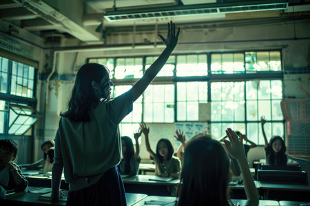A student raises her hand in a dimly lit classroom, while other students sit at desks.の素材