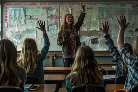 A classroom setting with students raising their hands to answer a question from their teacher.の素材