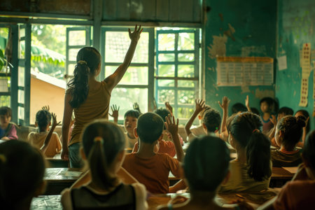A classroom scene where students eagerly raise their hands to participate in a lesson, demonstrating their curiosity and desire to learn.の素材