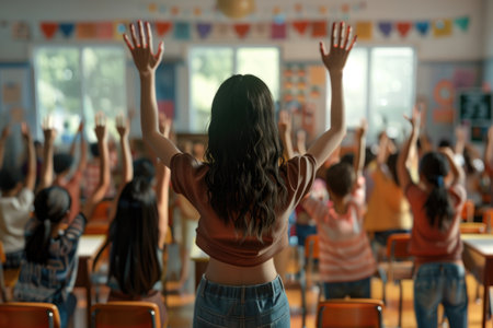 A young woman with long dark hair raises her hands in a classroom setting.の素材