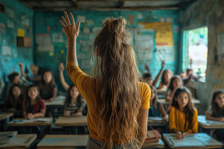 A young girl raises her hand to answer a question in a crowded classroom setting.の素材