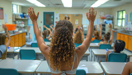 A young girl with curly hair raises her hand in a classroom setting.の素材