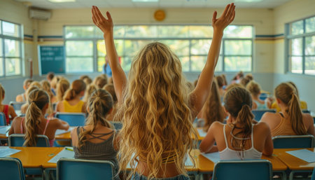 A girl with long blonde hair raises her hand in a classroom filled with other students.の素材