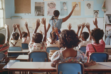 A classroom scene with a group of Black students raising their hands while sitting at desks.の素材