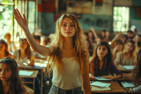 A young woman with blonde hair raises her hand in a classroom setting with other students and desks.の素材