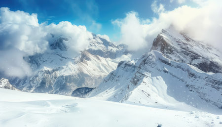 A breathtaking view of snow-covered mountain peaks with puffy white clouds against a bright blue sky.の素材