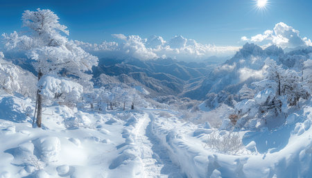 A snowy mountain path winds through a forest of frost-covered trees against a backdrop of a brilliant blue sky.の素材