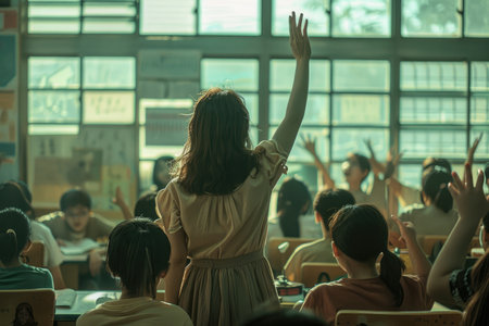 A young woman sits in a classroom, raising her hand to ask or answer a question.の素材