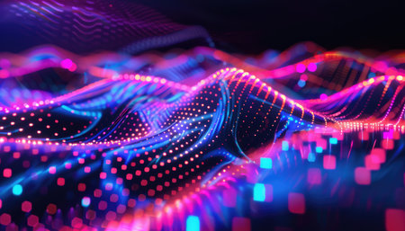 A 3D rendering of a glowing, abstract, wavy surface in pink and blue neon colors.の素材