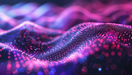 A digital abstract background with blurred purple and blue bokeh lights in a wavy pattern.の素材