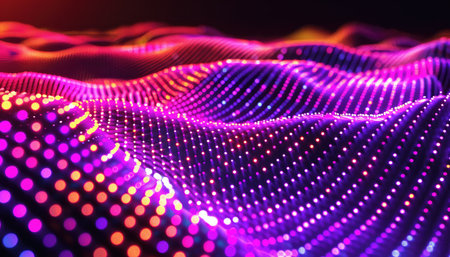 An abstract digital rendering of a wavy surface illuminated by a grid of glowing, colorful lights.の素材