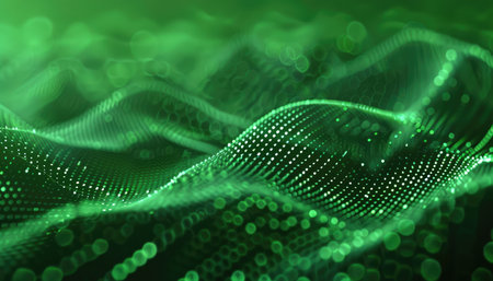 An abstract image of a green wavy pattern with bokeh lights, creating a futuristic and dynamic visual effect.の素材