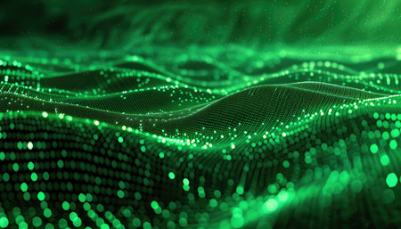 An abstract background with green bokeh lights arranged in a wavy pattern, creating a blurred, textured, and dynamic visual effect.の素材
