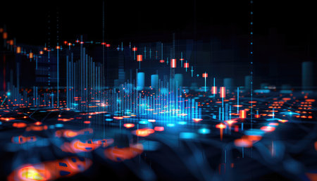 An abstract digital cityscape with blue and red lights and data lines representing futuristic technology.の素材