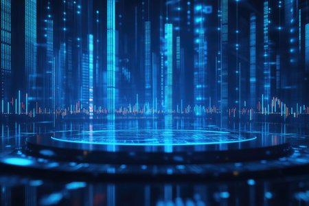 A digital city skyline with glowing blue lights and a circular platform in the foreground.の素材