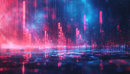 A digital abstract cityscape with neon lights and digital rain in a futuristic setting.の素材