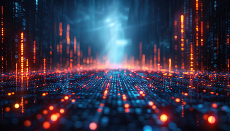 A digital cityscape with glowing orange and blue lights in an abstract, futuristic setting.の素材