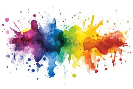 A vibrant watercolor painting depicting a rainbow of colors in a splashed and stained pattern.の素材