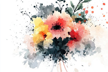 A vibrant abstract watercolor painting featuring splashes of color and texture, representing a bouquet of flowers.の素材