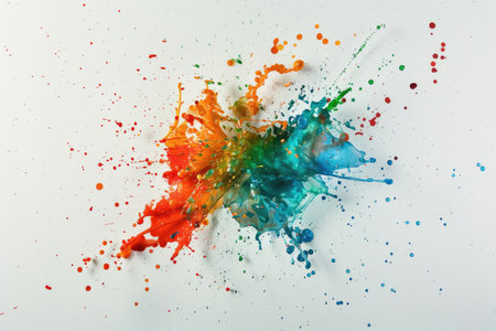 An abstract image of a colorful paint explosion on a white background.の素材