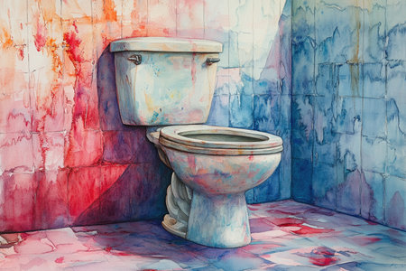 A watercolor painting depicting a toilet in a bathroom, showcasing colorful and textured walls and floor.の素材