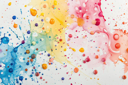 An abstract artwork featuring colorful paint splashes and beads on a white canvas.の素材