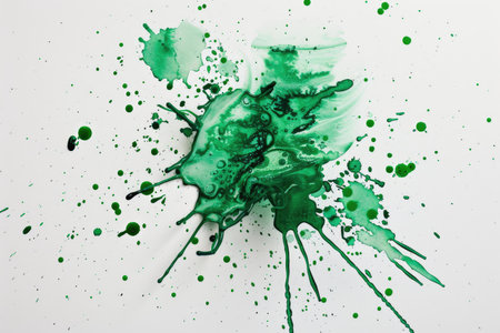 An abstract painting of green ink splashes and blots on a white background.の素材