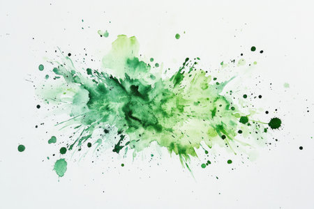 A close-up shot of a vibrant green watercolor splash on a white background, with black splatters creating a dynamic and expressive texture.の素材