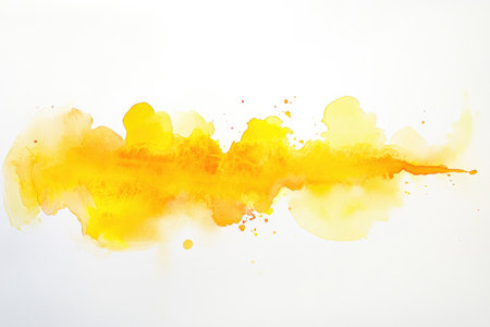 A vibrant abstract painting with yellow and orange watercolor splashes on a white background.の素材