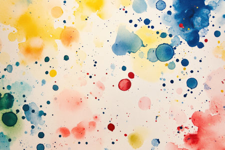 A close-up of abstract watercolor art with vibrant splashes of blue, yellow, red, and green.の素材