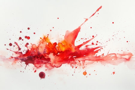 A close-up abstract image featuring red and orange watercolor splashes on a white background.の素材