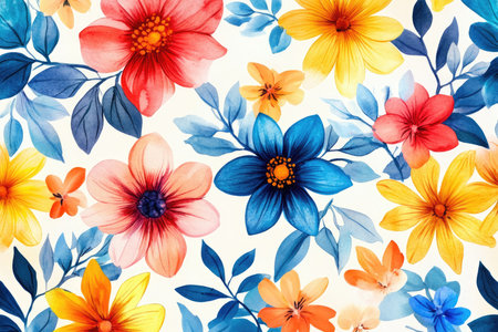 A colorful watercolor floral pattern featuring vibrant flowers and blue leaves on a white background.の素材