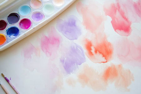 A white watercolor palette with various colorful paints and brushes on a white surface with streaks of pink, purple, and orange watercolor.の素材