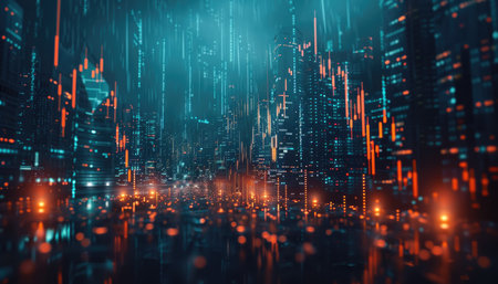A futuristic cityscape rendered in abstract digital art, showcasing neon lights and data streams.の素材
