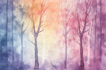 A watercolor painting depicting a dreamy, ethereal forest with abstract tree trunks and a soft, pastel color palette.の素材