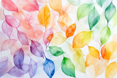A watercolor illustration of translucent leaves in various shades of color, arranged in a beautiful pattern.の素材