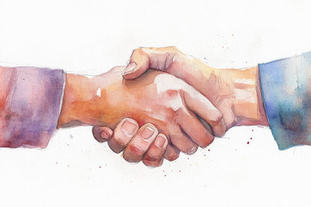 A watercolor painting depicting two hands shaking in a gesture of agreement.の素材