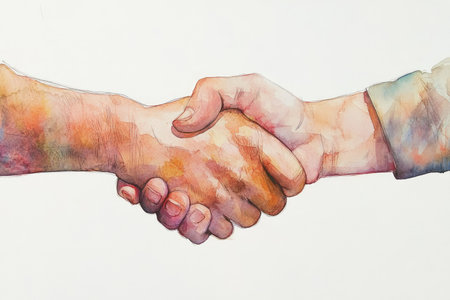 A watercolor painting depicting two hands shaking, symbolizing agreement and partnership.の素材