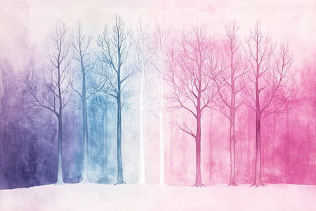 A watercolor painting depicting bare trees in a forest, the trees are outlined against a background with blue, white, and pink hues.の素材